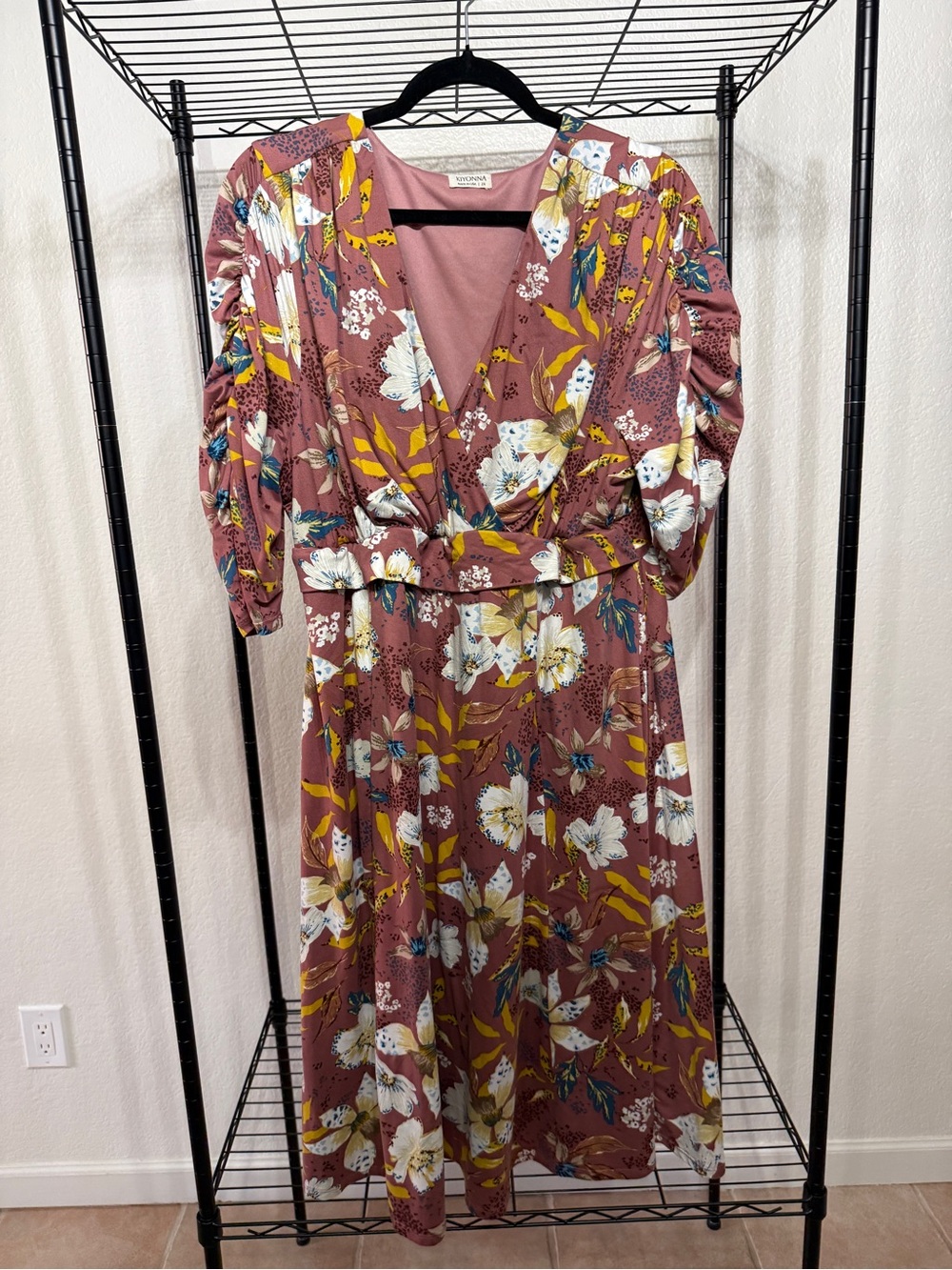 Kiyonna Mauve Floral Wrap Dress with Yellow & White Accents